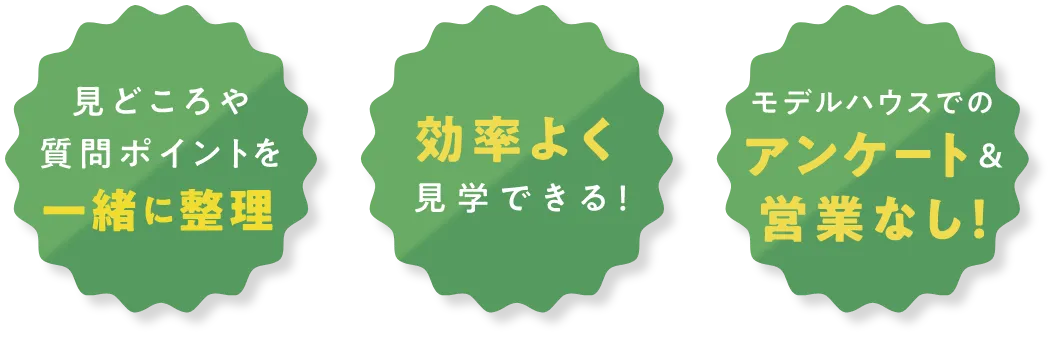 見どころや質問ポイントを一緒に整理。効率よく見学できる！モデルハウスでのアンケート＆営業なし！