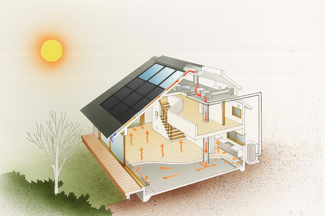 写真：家のなかを動く暖気の流れのイラスト　大野建設