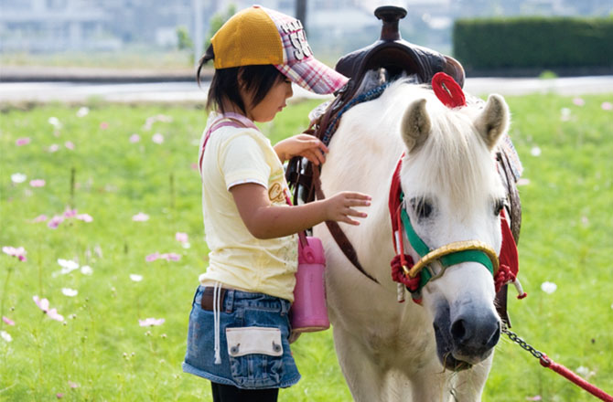 写真：ポニーに触れる子ども