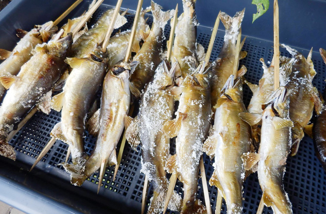 つかんでとった魚を焼いている写真