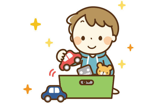 イラスト:おもちゃ箱におもちゃをしまう男の子