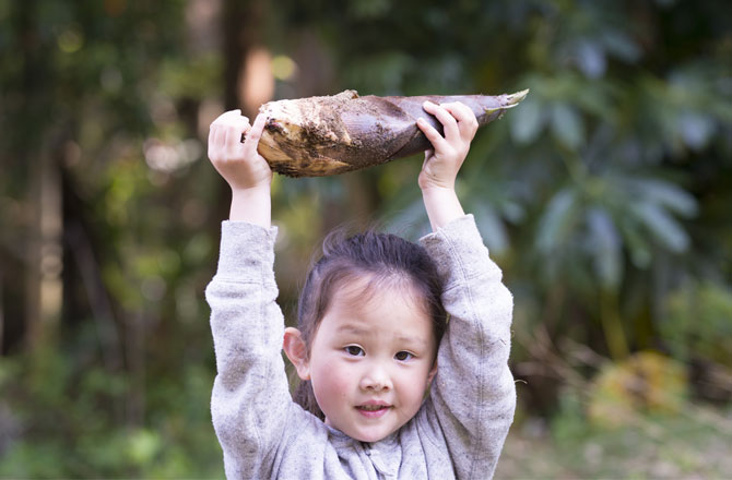 写真:収穫した筍を掲げる女の子