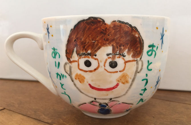 写真:似顔絵が描かれたマグカップ